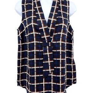 J. Crew Sleeveless Top Size 2 Silk Plaid Windowpane Career Blouse Navy Blue